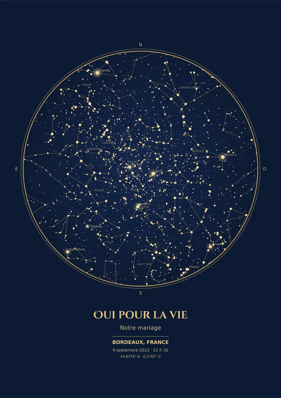 Exemple de carte du ciel style bleu nuit et or : ciel du 9 septembre 2023 à 22 h 30 au-dessus de Bordeaux