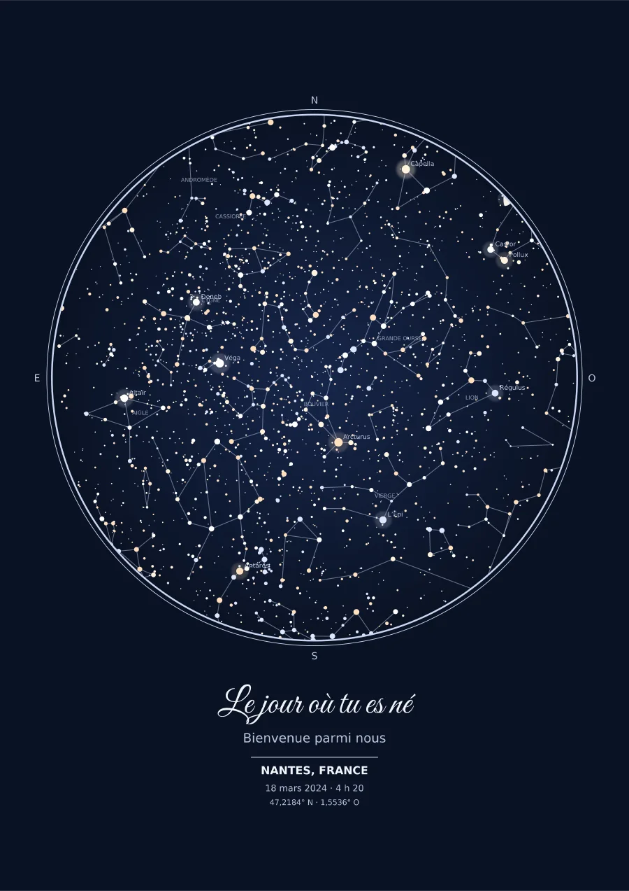 Exemple de carte du ciel style nuit classique : ciel du 18 mars 2024 à 4 h 20 au-dessus de Nantes