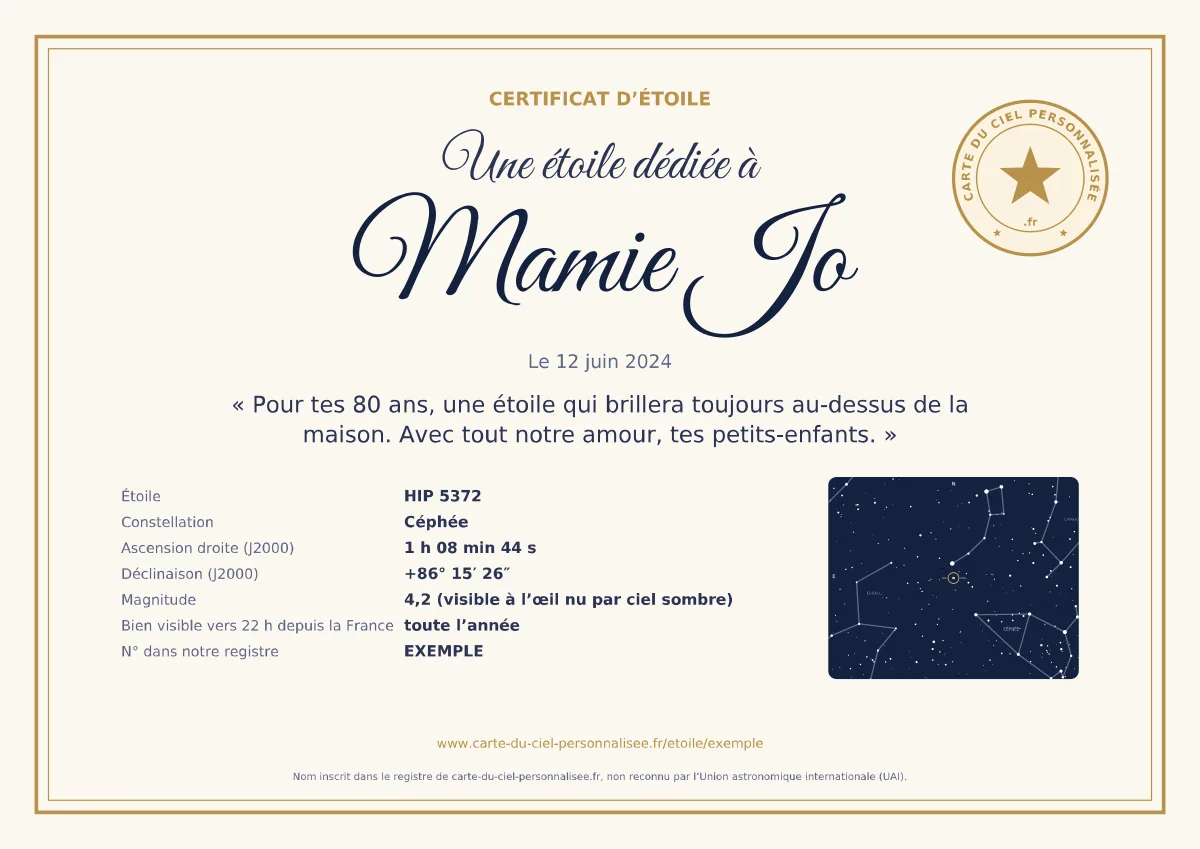 Exemple de certificat d’étoile : une étoile dédiée à « Mamie Jo », avec sa désignation Hipparcos, ses coordonnées, une carte et le sceau du site